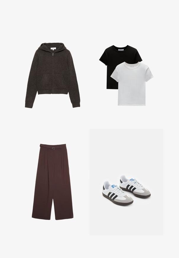 Rjava zip-up kapuca z mehkim tekstilom, dolgimi rokavi, prostorno kapuco in dvema sprednjima žepoma. Preprost, klasičen dizajn.; Dve majice s okruglim izrezom, crne in bele barve, narejene iz bombaža. Imajo kratke rokave in enobarven dizajn brez vzorcev ali dodatkov.; Stradivarius WIDE-LEG WITH BUCKLE DETAIL - Hlače - dark brown; Športni čevlji z belim usnjenim zgornjim delom, sivim semišem na prstih in tremi črnimi črtami. Imajo modro logo na jeziku in teksturiran gumijast podplat.