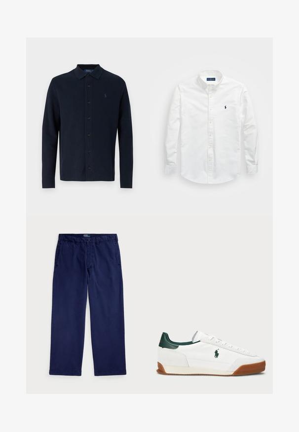 Tengerészkék hosszú ujjú poloing, galléros nyakkal, gombos elülső záródással és kis logóval a mellkasán, textúrált pamut anyagból készült.; Fehér, pamut anyagból készült ing, gombos kialakítással. Jellemzői a hegyes gallér, a hosszú ujjú fazon és egy kis, sötétkék logó a mellrészen. Simaság jellemzi.; Tengerészkék pamut nadrág, egyenes szárú dizájnnal, oldalsó zsebekkel és gombos derékzárral. Sima textúra, klasszikus fazon.; Fehér sneaker zöld bőr részletekkel és homokszínű gumitalppal. Textilből készült, oldalt kiemelkedő logóval. Fűzős kialakítás.