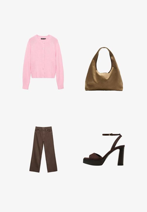 Różowy kardigan z okrągłym dekoltem, długimi rękawami i ściągaczami. Posiada zapięcie na guziki z przodu oraz gładką, dzianinową teksturę.; Brązowa koszulka z krótkim rękawem, wykonana z miękkiego materiału, z okrągłym dekoltem i luźnym krojem. Brak widocznych wzorów lub akcentów.; Szerokie brązowe dżinsy wykonane z denimu, z wysokim stanem, przednimi kieszeniami i klasycznym zapięciem na guzik. Gładka faktura z subtelnym przeszyciem.; Brązowe zamszowe sandały na wysokim obcasie z odkrytymi palcami, regulowanym paskiem na kostce i paskowatą podeszwą.; Brązowa torba na ramię z szerokim, zaokrąglonym kształtem i dużym wyciętym uchwytem. Miękka tekstura, minimalistyczny design i brak widocznych elementów metalowych.