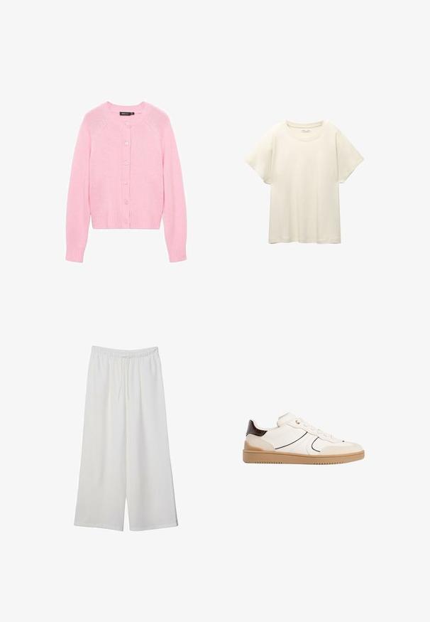 Rosa Strickjacke mit rundem Ausschnitt, langen Ärmeln und gerippten Bündchen. Besitzt eine durchgehende Knopfleiste und eine glatte, gestrickte Textur.; Helles beige T-Shirt mit kurzen Ärmeln und Rundhalsausschnitt, aus weichem, glattem Stoff gefertigt. Verfügt über eine lockere Passform und einen geraden Saum.; Weiße, weit geschnittene Hosen aus leichtem Stoff, mit einem elastischen Bund und einem Zugband für eine verstellbare Passform. Glatte Textur.; Stradivarius Sneaker low - white