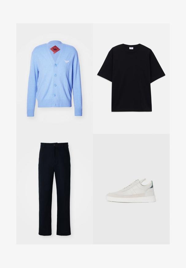 MCM CARDIGAN - Kofta - della robbia blue; Svart kortärmad oversized T-shirt med rund halsringning och synlig Filippa K-märkesetikett inuti kragen.; Mörkblå bomullsbyxor med rak bendesign, frontknappstängning och klassisk midja med bälteshällor.; Vita lädersneakers med grå mockadetaljer, snördesign, dragflik och texturerad gummisula med ett zigzag-mönster.