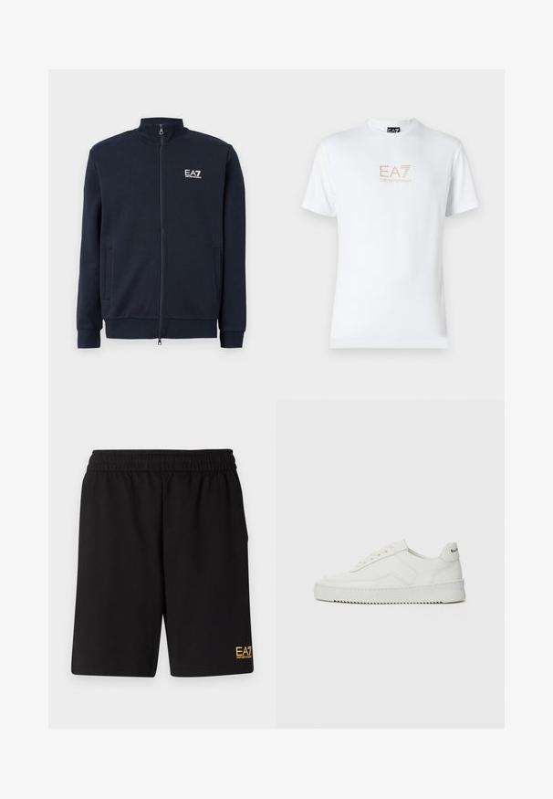 Felpa zip con colletto alto di colore blu navy, due tasche frontali, polsini a costine e un logo EA7 bianco sul petto. Tessuto di stoffa liscio.; T-shirt bianco in cotone con scollatura rotonda e maniche corte, con il logo oro EA7 Emporio Armani stampato sul fronte.; Pantaloni sportivi neri realizzati in tessuto morbido, con vita elastica e un piccolo logo EA7 giallo sulla parte bassa della gamba sinistra.; Sneaker in pelle bianca con una finitura liscia, punta rotonda, lacci piatti e suola testurizzata. Presenta un logo discreto sul tallone.