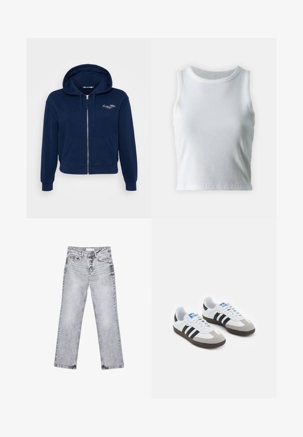 Mørkeblå zip-up hoodie lavet af bomuldsblanding med en frontlomme og ribbede manchetter. Funktioner hvid logo broderi på brystet.; Hvid ribbet tanktop med rund halsudskæring og ærmeløs design, med en lige kant og en glat, strækbar tekstur.; Grå denim jeans med lige ben, distressed detaljer, fem lommer og kobbernitter. Taljebåndet har et logomærke.; Sportsko med en overdel i hvid læder, grå ruskind på tåen og tre sorte striber. Har et blåt logo på tungen og en struktureret gummisål.