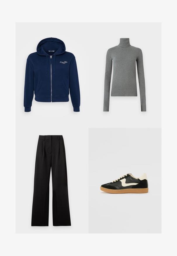 Marineblauer Reißverschluss-Hoodie aus Baumwollmischung mit einer Vordertasche und gerippten Bündchen. Mit weißer Logo-Stickerei auf der Brust.; Grauer Rollkragenpullover aus glattem, dehnbarem Stoff. Lange Ärmel, figurbetontes Design, minimale Textur, ohne sichtbare Muster oder Beschläge.; Schwarze, weit geschnittene Hose mit glatter Textur, die Vorderfalten, einen flachen Bund und Gürtelschlaufen aufweist. Einfaches, tailliertes Design.; Schwarze Wildleder- und Leder-Sneaker mit einem cremefarbenen Seiten-Swoosh und einer hellcremefarbenen Ferse. Ausgestattet mit beige Schnürsenkeln und einer Gummilaufsohle.