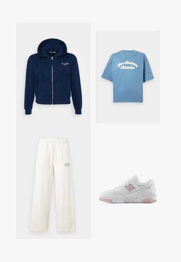 Navy blauwe zip-up hoodie gemaakt van een katoenmix, met een voorzak en ribgebreide manchetten. Voorzien van een witte geborduurde logo op de borst.; Blauwe katoenen t-shirt met een losse pasvorm, met korte mouwen en een ronde hals. Witte "New Balance Athletics" logo centraal gedrukt.; Crème kleurige wijde broek gemaakt van zacht materiaal met een elastische tailleband. Heeft subtiele groene geborduurde tekst aan de voorkant.; Witte sportieve schoen met roze accenten. Beschikt over glad leer, geperforeerde secties en een dikke rubberen zool. Veters zijn van standaardstijl.