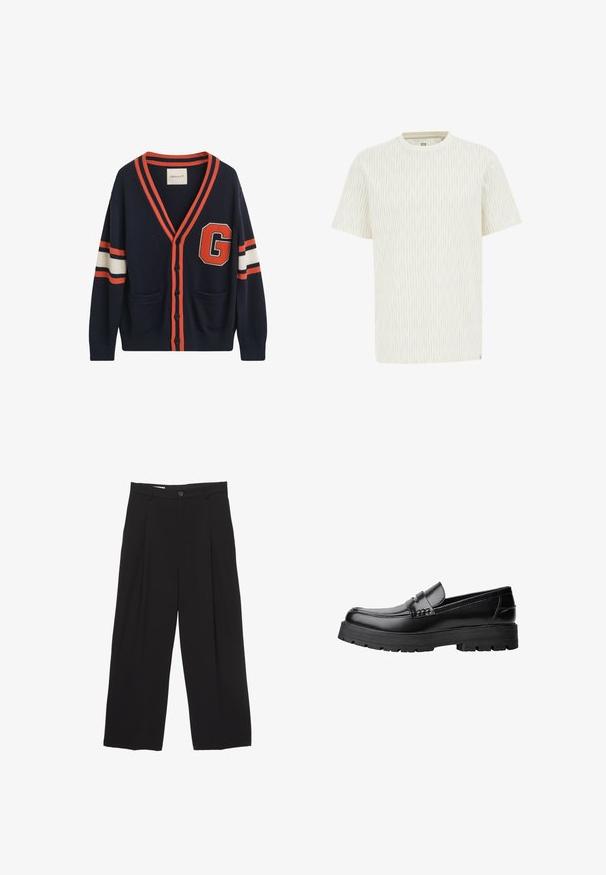 Cardigan navy realizzato in tessuto a maglia, con strisce arancioni e bianche sulle maniche, una grande patch con la lettera "G" e due tasche laterali.; Maglietta a maniche corte crema con sottili righe verticali. Collo rotondo, tessuto morbido, vestibilità casual, texture sottile e senza loghi o hardware visibili.; Pantaloni neri a gamba larga realizzati in tessuto morbido, con vita piatta, pinces frontali e chiusura con un bottone.; Mocassino in pelle nera con suola spessa e tassellata e fascia decorativa sulla parte superiore, mostrato in profilo sinistro su sfondo bianco.
