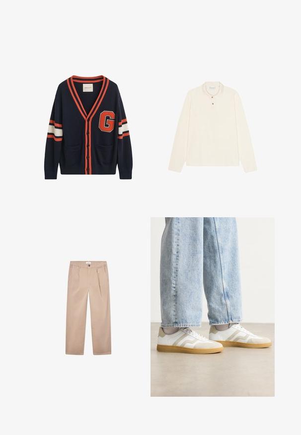 Navy cardigan made of knitted fabric, featuring orange and white stripes on sleeves, a large "G" patch, and two front pockets.; Long-sleeve polo shirt in cream, featuring a flat collar, three-button placket with gold-tone buttons, and a soft, textured fabric.; Khaki trousers made of cotton with a straight-leg design, featuring two front pockets, a button fastening, and a classic fit.; White sneakers with beige suede accents and light rubber soles; features a low-top design and textured detailing on the upper.