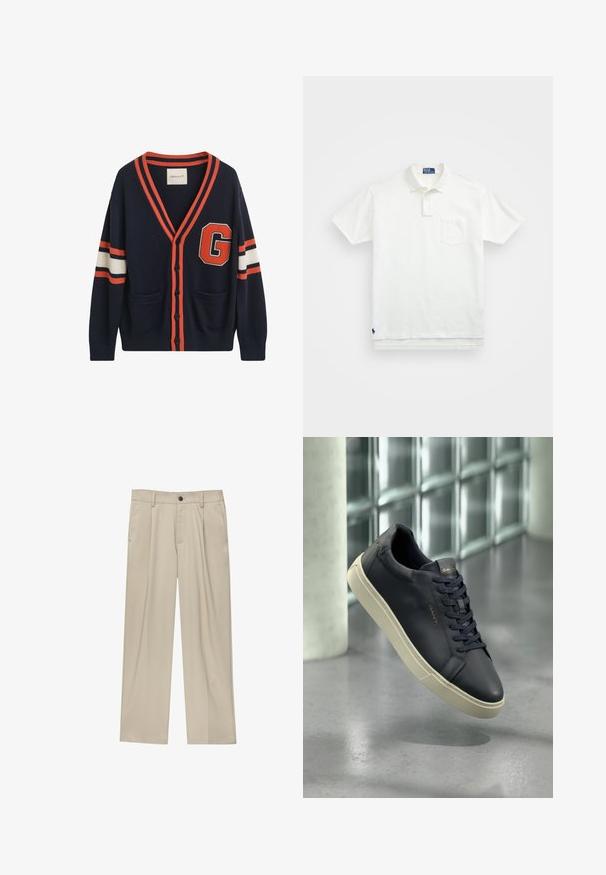 Merinovillasta valmistettu laivaston neulejakku, jossa on oransseja ja valkoisia raitoja hihoissa, suuri "G"-patchi ja kaksi etutaskua.; Valkoinen puuvillapaita, jossa on klassinen kaulus, kolmen napin malli ja vasemmalla rintatasku; pieni logo helman kohdalla.; Beige-housut suoran leikkauksen omaavina, joissa on yksi musta nappi, vyölenkit ja sivutaskut. Sileä kangas ja minimalisti muotoilu.; Laivansinen nahkakengät, joissa on pyöristetty kärki, tasaiset nauhat ja teksturoitu pohja; varustettu logolla kielekkeessä, jota korostaa kermaisen värinen ulkopohja.
