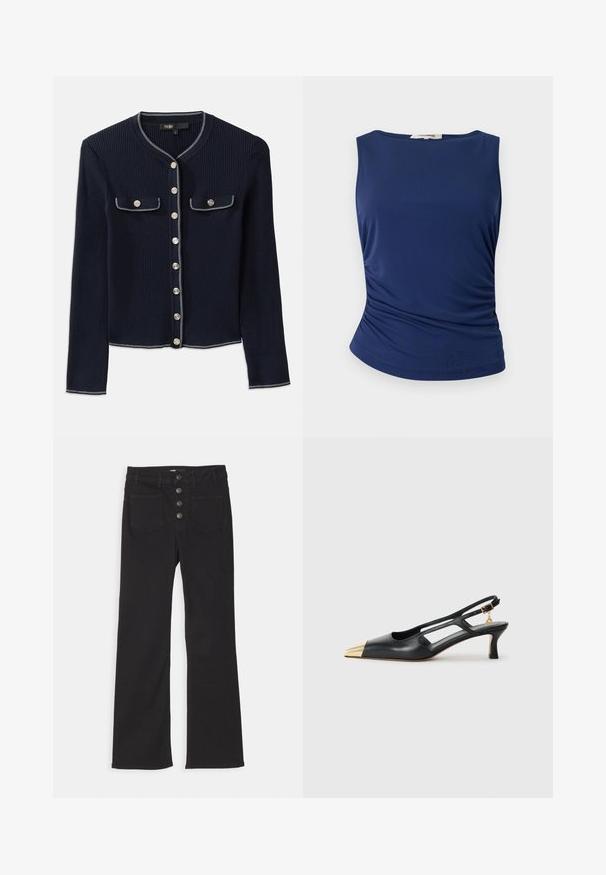 Cardigan blu navy a coste con maniche lunghe, scollo rotondo, chiusura con bottoni argentati e due tasche sul petto bordate da cuciture bianche.; Top senza maniche blu navy realizzato in tessuto liscio e elasticizzato. Presenta dettagli arricciati sui lati e un orlo arrotondato per un look aderente.; Jeans neri in denim a zampa d'elefante con vita alta, design a cinque tasche e chiusura frontale con quattro bottoni metallici.; Scarpe slingback in pelle nera con punta affusolata e tacco metallico dorato. Presentano un design con ritagli e un tacco sottile con cinturino regolabile.