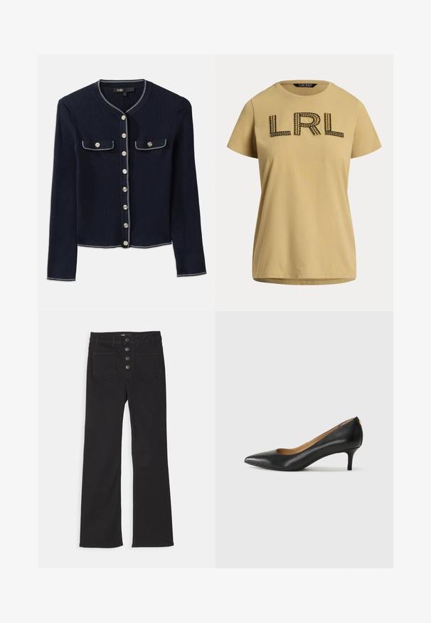 Granatowy kardigan z prążkowanej dzianiny z długimi rękawami, okrągłym dekoltem, zapięciem na srebrne guziki oraz dwiema kieszeniami na piersi, obramowanymi białym przeszyciem.; Koszulka z krótkim rękawem w kolorze musztardowym, wykonana z bawełny, z czarnym haftowanym logo "LRL" i dekoracyjnymi akcentami ściegów. Standardowy okrągły dekolt.; Czarne jeansy dżinsowe z szerokimi nogawkami, wysoka talia, pięć kieszeni oraz zapięcie na guziki z przodu z czterema metalowymi guzikami.; Czarne skórzane szpilki z wąskim noskiem, niskim obcasem i gładką fakturą. Posiadają lekko otwarte przody i minimalne okucia z tyłu.