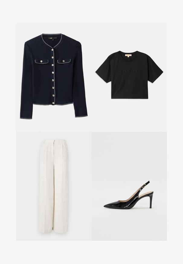 Námořnický žebrovaný kardigan s dlouhými rukávy, kulatým výstřihem, stříbrným zapínáním na knoflíky a dvěma náprsními kapsami lemovanými bílým prošíváním.; Černé zkrácené tričko vyrobené z bavlny. Obsahuje kulatý výstřih a krátké rukávy. "MICHAEL KORS" vyšitý v odpovídající barvě na přední straně.; Kalhoty s širokými nohavicemi v světle béžové látce s texturovaným tkaným vzorem. Mají přední pas a žádné viditelné zapínání.; Černé lakované slingback lodičky s špičatou špičkou, úzkým podpatkem a jemným výřezem. Obsahují zlatou sponu na řemínku.