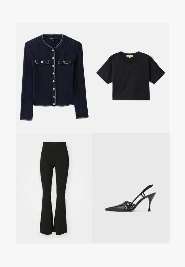 Jūrinis furtaškas su ilgomis rankovėmis, apvalia iškirpte, sidabro mygtuko uždarymu ir dviem krūtinės kišenėmis, aptrauktomis baltų siūlų siūlėmis.; Juoda trumpa medvilninė marškinėliai. Suapvalintas iškirpimas ir trumpomis rankovėmis. "MICHAEL KORS" išsiuvinėta atitinkamos spalvos priekyje.; Juodos plačios kelnės, pagamintos iš elastingos medžiagos, su aukštu liemeniu ir lygiu, nepagražintu paviršiumi. Paprastas ir prie kūno priglundantys dizainas.; Juodas odinis aukštakulnis slingback batelis su smailiu noseliu, kryžminiu dirželiu ir plonu stiletto kulnu. Lygus paviršius ir minimalūs akcentai.