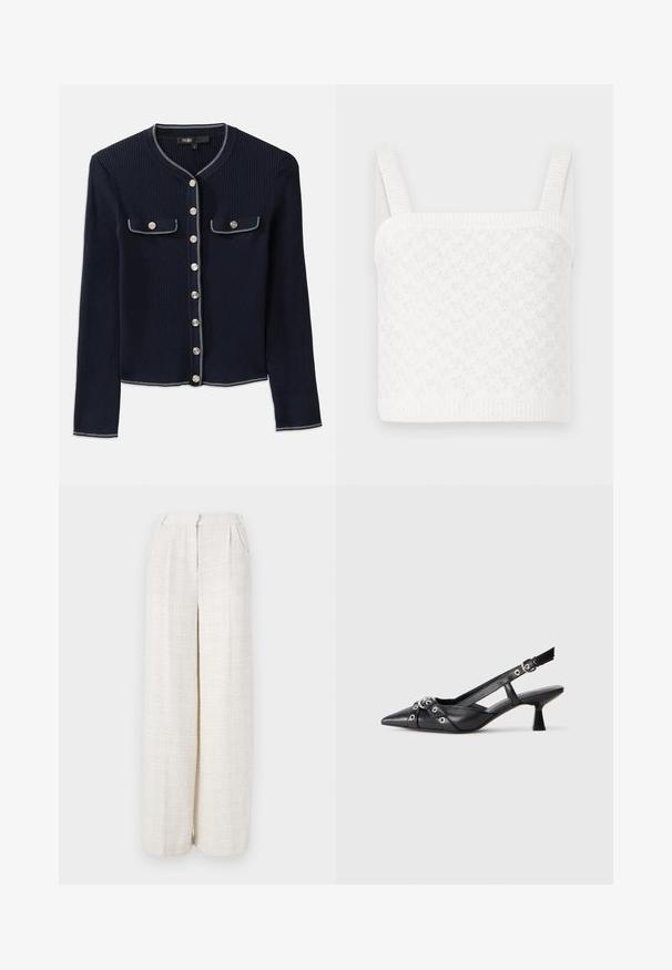 Marineblauwe geribbelde cardigan met lange mouwen, ronde halslijn, sluiting met zilveren knopen en twee borstzakken afgewerkt met witte stiksel.; Witte gebreide crop top met een vierkante halslijn, met textuurpatronen en brede geribbelde bandjes. Zacht materiaal met een subtiele glans.; Wijd-uitlopende broek in een lichtbeige stof met een textuur en geweven patroon. Heeft een voorkant tailleband en geen zichtbare sluitingen.; Zwarte leren slingback schoen met een puntige neus, decoratieve banden met metalen oogjes en een lage blokhak. Textuur oppervlak.
