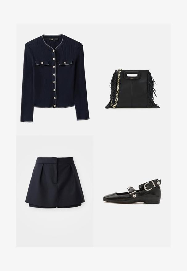 Mornarsko rebrasto jakno z dolgimi rokavi, okroglim izrezom, srebrnim gumbom za zapiranje in dvema žepoma na prsih, obrobljenima z belim šivom.; Mornarska polo majica z ribanim vzorcem, ki ima ostro ovratnik, kratke rokave in dve sprednji žepni z gumbom na pritisk; poudarjena z belimi šivnimi detajli.; Mornarske plisirane kratke hlače z visoko pasom, izdelane iz gladkega materiala. Imajo prilegajoč dizajn in skrito sprednjo žep.; Črne lakaste balerinke s kvadratnim prstom, trakovi okrog gležnja z zlatimi dodatki in ravnim podplatom. Gladka tekstura z minimalističnim dizajnom.; Črna usnjena ročna torba z detajli fringa, zlatim verigo za rame in izrezanim ročajem. Na sprednji strani je nameščen logotip.