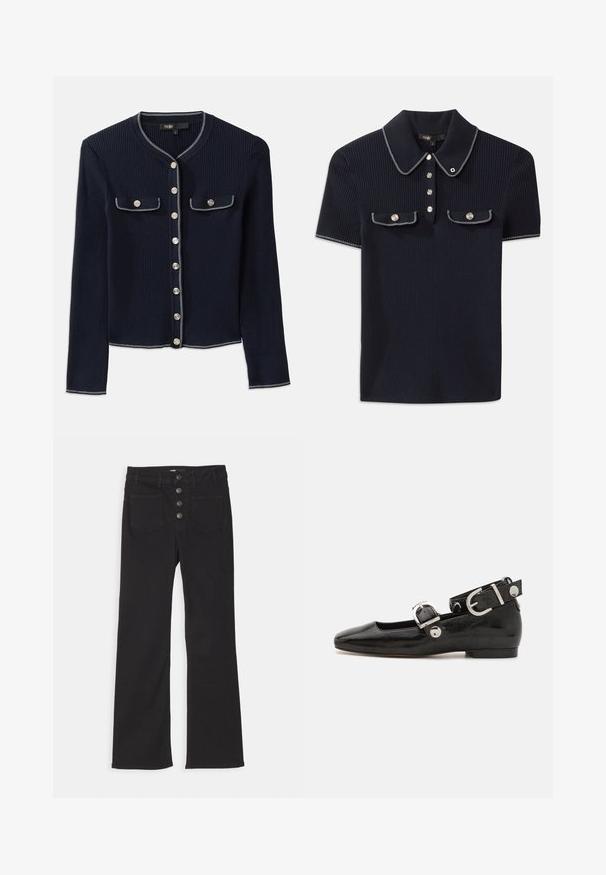 Marineblauwe geribbelde cardigan met lange mouwen, ronde halslijn, sluiting met zilveren knopen en twee borstzakken afgewerkt met witte stiksel.; Marineblauwe geribbelde polo met een puntige kraag, korte mouwen en twee voorzakken met drukknoopsluiting; afgewerkt met witte stiksels accentueert.; Zwarte denim flared jeans met een hoge taille, vijf zakken en een sluiting met een voorkant met vier metalen knopen.; Zwarte gepatineerde leren platte schoen met een vierkante neus, enkelband met zilverkleurige hardware en platte zool. Gladde textuur met minimalistisch ontwerp.