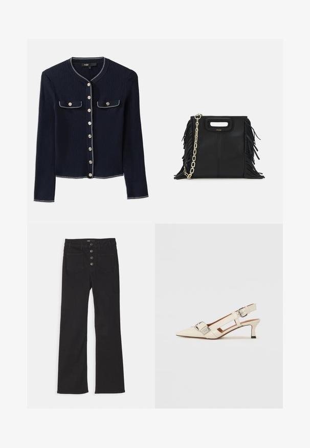 Navy ribbed cardigan with long sleeves, round neckline, silver button closure, and two chest pockets outlined in white stitching.; Navy ribbed polo shirt featuring a pointed collar, short sleeves, and two front pockets with snap buttons; highlighted with white stitching accents.; Black denim flared jeans with a high waist, five-pocket design, and a front button closure featuring four metal buttons.; White leather slingback shoe with a pointed toe, small heel, and adjustable strap featuring a prominent silver buckle detail.; Black leather handbag with fringe details, gold chain shoulder strap, and a cut-out handle. Features logo placement on the front.