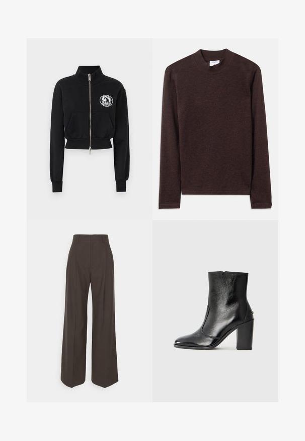 Melnā cropped džemperis ar augstu apkakli, priekšējo rāvējslēdzēju, divām kabatām un baltu grafisku uzlīmi ar zirgā attēlu.; Brūna, garām piedurknēm augsta kakla krekls, izgatavots no mīksta, teksturēta auduma. Neprasa pārāk sarežģītu dizainu un taisnajām piedurknēm.; Tumši brūni platajiem galiem bikses ar augstu jostasvietu, kas pieejamas ar uzmanīgi presētām krokām, gludu tekstūru un pielāgotu piegriezumu.; Melnas ādas potīšu zābaki ar gludu tekstūru, smailu purngalu un masīlu augstu papēdi. Iekļauts sānu atvērums un minimālistisks dizains.