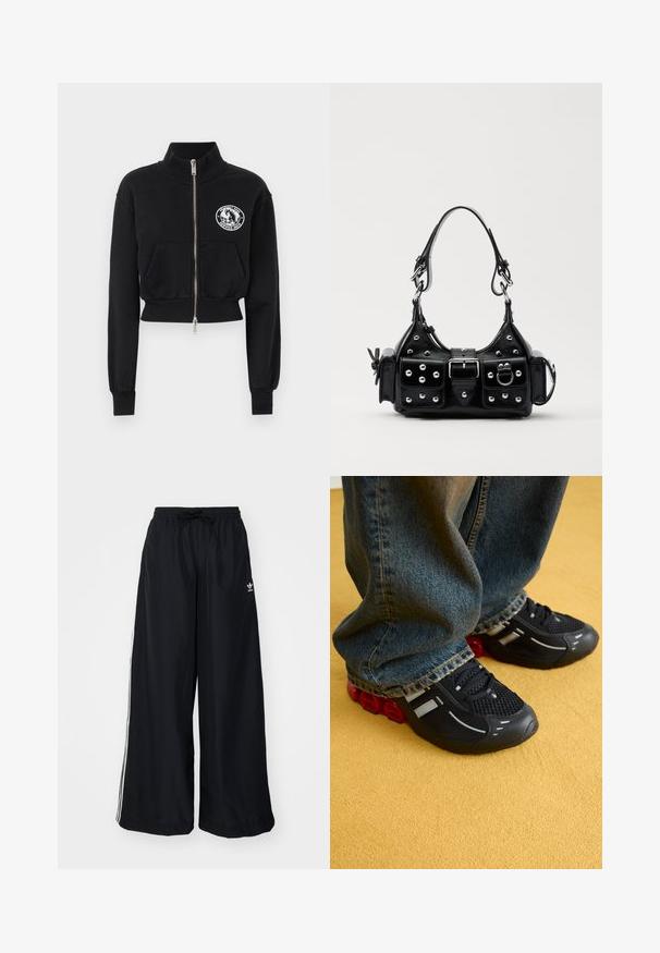 Černá zkrácená mikina s vysokým límcem, předním zipem, dvěma kapsami a bílou grafickou nášivkou s designem koně.; Černý dlouhý rukáv top vyrobený z průsvitné tkaniny, s kulatým výstřihem, předním zapínáním na knoflíky a zvlněnými okraji na manžetách.; Černé kalhoty s širokým střihem vyrobené z lehkého materiálu. Mají elastický pas se stahovací šňůrkou a bílé postranní pruhy. Na bocích se nachází logo značky.; Černé sportovní boty s síťovinovým svrškem, lesklými akcenty a červeným polstrováním na podrážce, kombinované s modrými džínami.; Černá kožená kabelka s křivkovým designem, zdobená stříbrnými hřebíky, s přezkou a dvěma bočními kapsami. Nastavitelný popruh pro různé možnosti nošení.