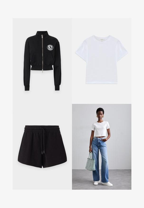 Juodas trumpas megztinis su aukštu apykakle, priekiniais užtrauktukais, dviem kišenėmis ir baltu grafiniu ženkliuku su arklio dizainu.; Baltas trumpas marškinėliai iš minkštos medvilnės, su apvaliu iškirpimu ir trumpomis rankovėmis, šiek tiek laisvo kirpimo. Be raštų ar akcentų.; Juodi sportiniai šortai, pagaminti iš minkštos medžiagos. Turi elastingą liemenį su raišteliu, šonines kišenes ir laisvą prsitvarkymą.; Balta ripsuota trumpa marškinėliai, šviesiai mėlyni plačios kojų džinsai ir balti sportbačiai. Laiko žalią ir baltą dryžuotą rankinę.