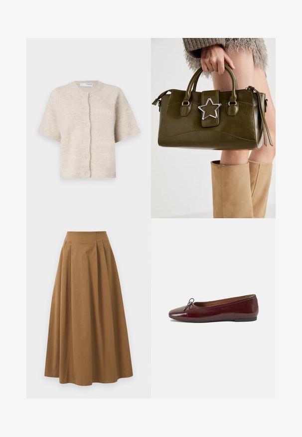 Beige short-sleeve cardigan made of soft, textured material with a round neckline and six matching buttons down the front.; White button-up shirt made of smooth cotton, featuring a classic collar, long sleeves, and a curved hem. Buttons are small and white.; Brown cotton A-line skirt with a high waist, featuring pleats down the front and a smooth texture. Hem finishes are clean and simple.; Burgundy patent leather ballet flat with a rounded toe, small bow accent at the front, and a low, black rubber sole. Smooth texture.; Olive green faux leather handbag with silver star accent, dual handles, and a zip closure. Textured surface and structured shape.