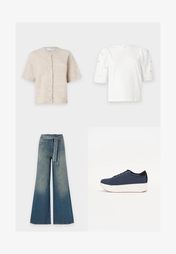Beige short-sleeve cardigan made of soft, textured material with a round neckline and six matching buttons down the front.; White cotton t-shirt with short puff sleeves, featuring small silver embellishments along the sleeves. Classic round neckline, relaxed fit.; Wide-leg denim trousers featuring a light to dark blue gradient, high waist, belt loops, and a matching fabric belt. Textured denim finish.; Navy blue sneaker with a textured fabric upper, white platform sole, rounded toe, and black heel accent. Features six eyelets for laces.