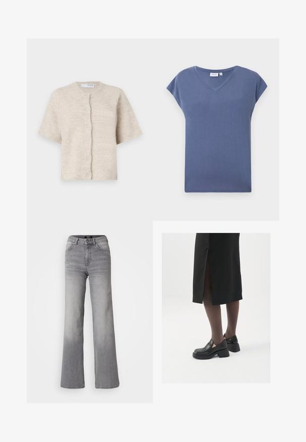Bežni kardigan s kratkimi rokavi, izdelan iz mehkega, teksturiranega materiala, s krožnim ovratnikom in šestimi usklajenimi gumbi spredaj.; T-maica s kratkimi rokavi in V-izrezom v nevsiljivi modri barvi, izdelana iz mehkega bombažnega materiala z gladko teksturo in sproščenim krojem.; Visoko pasu naravnost krojene sivo denim hlače z gumbom in zadrgo spredaj, sprednjimi in zadnjimi žepe ter zbledelim odtenkom na stegen in tele. ; Črne usnjene čevlje s zaobljenim prstom, debelim blokastim petama in elastičnimi stranskimi detajli, v kombinaciji s temno nogavicami in črno krilo z razporkom.