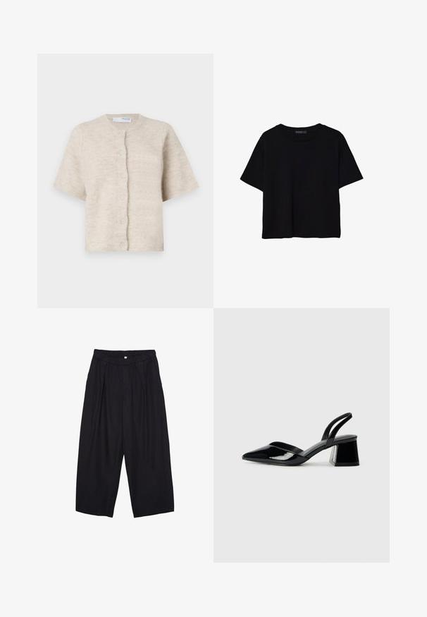 Cardigan beige a maniche corte realizzato in materiale morbido e testurizzato, con scollatura tonda e sei bottoni coordinati sulla parte anteriore.; T-shirt nera a maniche corte in cotone. Presenta un collo rotondo e una vestibilità ampia con una texture liscia e uniforme. Nessun motivo o accento visibile.; Pantaloni culotte neri in poliestere con una cintura elastica, due pieghe frontali e una silhouette ampia. Nessun motivo visibile o dettagli in metallo.; Décolleté in vernice nera con punta affusolata e tacco in geometria cubica. Presentano un design elegante e minimalista, con una texture liscia.