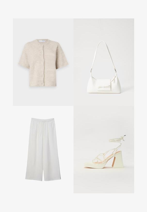 Béžový kardigan s krátkým rukávem vyrobený z měkkého, strukturovaného materiálu s kulatým výstřihem a šesti odpovídajícími knoflíky vpředu.; Bílý krátký rukáv tričko vyrobené z bavlny. Má kulatý výstřih a volný střih. Hladký materiál bez viditelných vzorů nebo akcentů.; Bílé kalhoty s širokými nohavicemi vyrobené z lehké tkaniny, s elastickým pasem a stahovací šňůrkou pro nastavitelnou velikost. Hladká textura.; Bílé sandály na vysokém podpatku s robustním podpatkem, s designem s pásky a zavazováním kolem kotníku. Hladký povrch s platformou vpředu pro zvýšení výšky.; Bílá syntetická kabelka v trojúhelníkovém tvaru, s plochým předním klopným víkem a detailem mašle, nastavitelným popruhem, hladkým povrchem a minimalistickým designem.