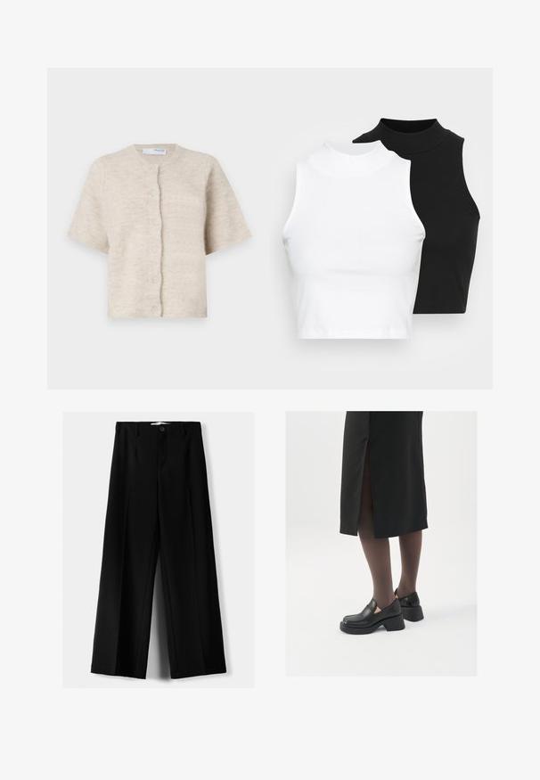 Beige short-sleeve cardigan made of soft, textured material with a round neckline and six matching buttons down the front.; Two sleeveless ribbed turtleneck tops in black and white, featuring a fitted design and smooth texture, with cropped length.; Black wide-leg trousers made of lightweight fabric, featuring a front button closure and flat front, with neatly stitched hems.; Black leather shoes with a rounded toe, thick block heel, and elastic side accents, paired with dark tights and a black skirt with a slit.