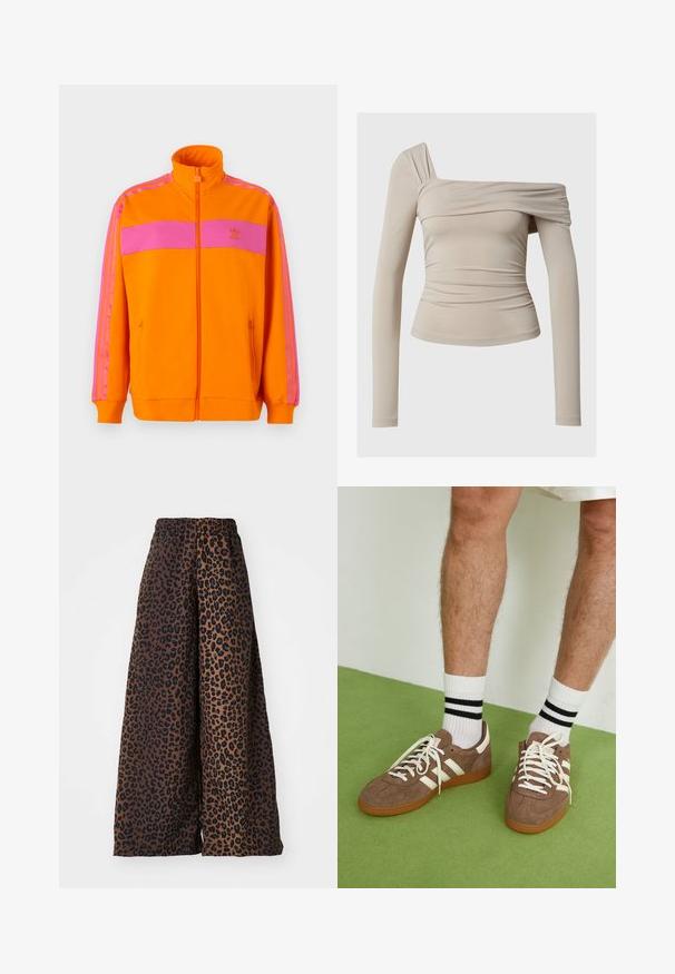 Giacca arancione con zip e colletto alto, caratterizzata da strisce orizzontali rosa e tre strisce rosa lungo le maniche. Realizzata in tessuto liscio.; Maglietta beige a maniche lunghe con design scollo off-the-shoulder, caratterizzata da una texture arricciata e una silhouette aderente. Tessuto morbido e elastico.; Pantaloni a gamba larga realizzati in tessuto morbido, con uno sfondo marrone e una stampa leopardata nera e una vita elastica.; Sneaker in suede marrone con dettagli e lacci bianchi. Suola in gomma color gomma. Indossati con calzini bianchi con righe nere. Pavimento verde texturizzato.