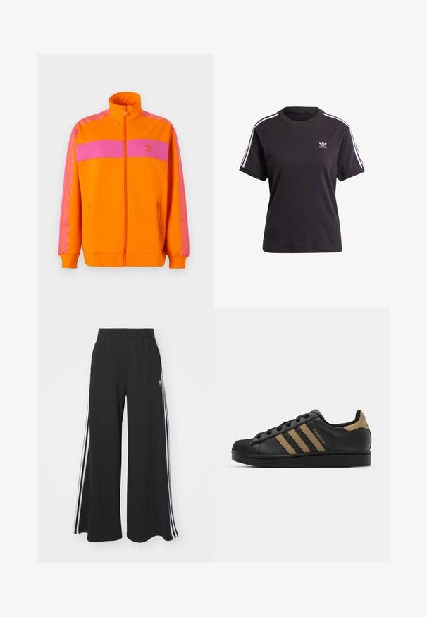 Oranžová mikina na zips s vysokým golierom, obsahujúca ružové horizontálne pruhy a tri ružové pruhy na rukávoch. Vyrobená z hladkej tkaniny.; Čierne bavlnené tričko s krátkym rukávom a okrúhlym výstrihom, s bielymi pruhmi na ramienkach a malým bielym logom Adidas na hrudi.; Čierne široké teplákové nohavice s elastickým pásom, so bielymi bočnými prúžkami a výšivkou loga na ľavom stehne.; Čierne kožené tenisky s tromi hnedými pruhmi, textúrovaný gumový ochranný špičkový diel, číslovaná šnurovacia predná časť a plochá čierna podrážka. Obsahuje jemné logo na päte.