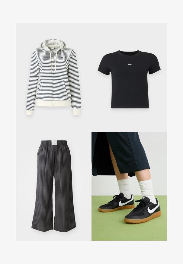 Randig huvtröja i kräm och marin, med dragkedja, framfickor och en liten hjärtslogo på bröstet. Material av bomull.; Svart kortärmad t-shirt i bomull med rund halsringning. Har en vit Nike-logotyp på bröstet, minimalistisk design och figurnära passform.; Svart- och grårandiga vida byxor med elastisk midja och en Nike-logotyp på baksidan. Lättviktig tyg, lös passform.; Svarta läder- och syntetiska sneakers med vit Nike-logga, gummisula, rund tå och svarta snörningar. Ribbad vit strumpor synliga.