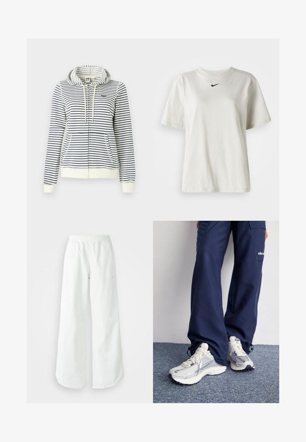 Sweatshirt à capuche rayé en crème et marine, avec une fermeture éclair, des poches avant et un petit logo en forme de cœur sur la poitrine. Matière en coton.; T-shirt en coton blanc avec un col rond et des manches courtes. Présente un petit logo Nike noir sur la poitrine. Design simple et épuré.; Pantalons de sport larges blancs avec une taille côtelée et un discret logo. Tissu lisse avec une coupe décontractée et un bas effilé.; Baskets de sport Nike avec une tige en maille argentée, des accents blancs et des semelles texturées, associées à un pantalon marine ample.
