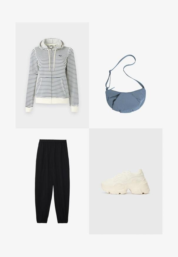 Gestreifter Kapuzenpullover in Creme und Marineblau, mit Reißverschluss, Fronttaschen und kleinem Herz-Logo auf der Brust. Baumwollmaterial.; Marineblaue T-Shirt mit lockerem Schnitt, kurzen Ärmeln, rundem Halsausschnitt und weichem Baumwollmaterial. Hat ein einfaches, unauffälliges Design.; Schwarze, leichte Hosen mit einem elastischen Bund und gerafften Knöcheln. Der Stoff ist glatt und hat ein entspanntes, schmal zulaufendes Design.; Flockige weiße Sneaker aus strukturiertem Mesh und synthetischen Materialien, mit einer dicken Sohle und komplizierten Mustern entlang der Seiten.; Grau, runder Stoff-Crossbody-Beutel mit einem gerafften Vorderdesign und einem dünnen, verstellbaren Gurt. Reißverschluss oben.
