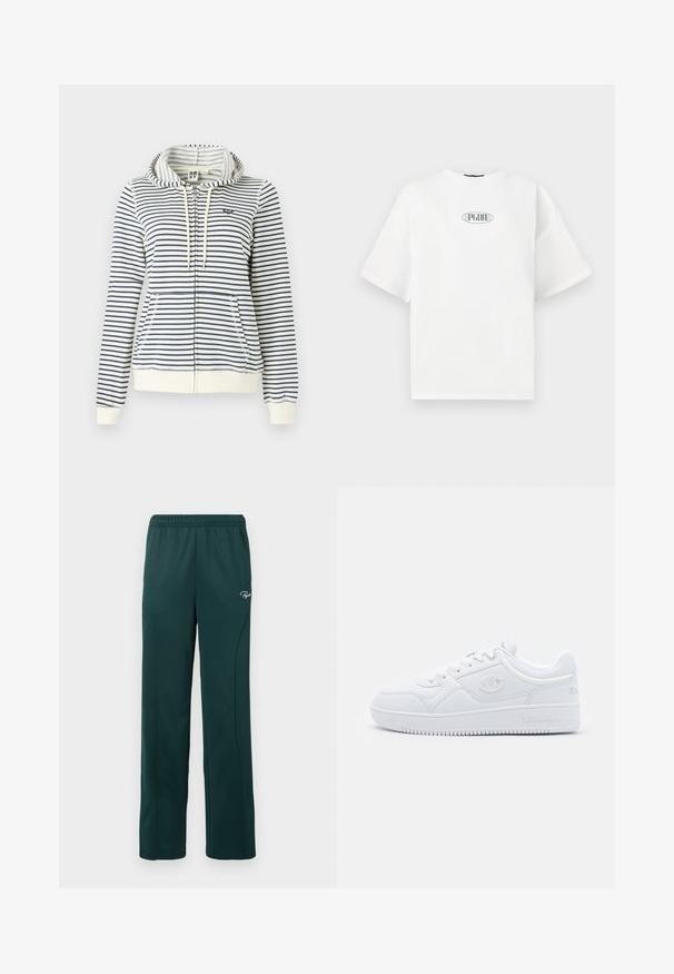 Dryžuota šviesiai kreminės ir tamsiai mėlynos spalvos su gobtuvu, pasižyminti užtrauktuku, priekinėmis kišenėmis ir mažuoju širdelės logotipu ant krūtinės. Pagaminta iš medvilnės.; Balta trumpomis rankovėmis marškinėliai, pagaminti iš medvilnės, su žaliu grafiniu logotipu ovalo formos centre ant krūtinės.; Tamsiai žaliai sportinė kelnės, pagamintos iš švelnaus audinio, su elastingu juosmeniu ir šoninėmis siūlėmis, priekyje uždėtas mažas logotipas.; Baltos sportbačiai, pagaminti iš sklandžios sintetinės medžiagos, su apvaliu pirštu, plokščiu padu ir subtiliais logotipo akcentais šonuose. Klasikinis žemas dizainas.