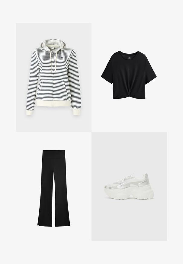 Raitapusero hupulla vaaleassa ja tummansinisessä, jossa on vetoketju, etutaskut ja pieni sydänlogo rinnassa. Materiaalina luomupuuvilla.; Mustat lyhyt cropped t-paitapehmeästä kankaasta, jossa on pyöreä pääntie, lyhyet hihat ja solmittu yksityiskohta helmassa.; Mustat housut leveällä lahkeella, joissa on korkea vyötärö ja sivuaukot liikkumisen helpottamiseksi. Valmistettu sileästä ja joustavasta kankaasta.; Hopeat lenkkarit, joissa on teksturoitu verkkopinta ja hohtavat yksityiskohdat, chunky valkoinen pohja ja nauhakiinnitys.