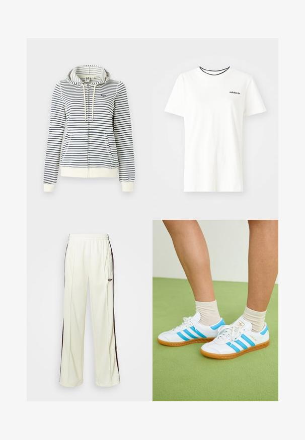 Pruhovaná mikina s kapucí v krémové a námořnické barvě, se zipem, předními kapsami a malým srdíčkovým logem na hrudi. Materiál: bavlna.; Bílý bavlněný tričko s krátkými rukávy a kulatým výstřihem. Má černé logo Adidas na hrudi a kontrastní černý vnitřní límeček.; Krémové tepláky s uvolněným střihem, se šněrováním v tmavě hnědé barvě na bocích a vyšitým logem na levém stehně.; Bílé tenisky s světle modrými pruhy, gumovou podrážkou a designem na šněrování. Mají zlaté označení a hladký koženkový vzhled.