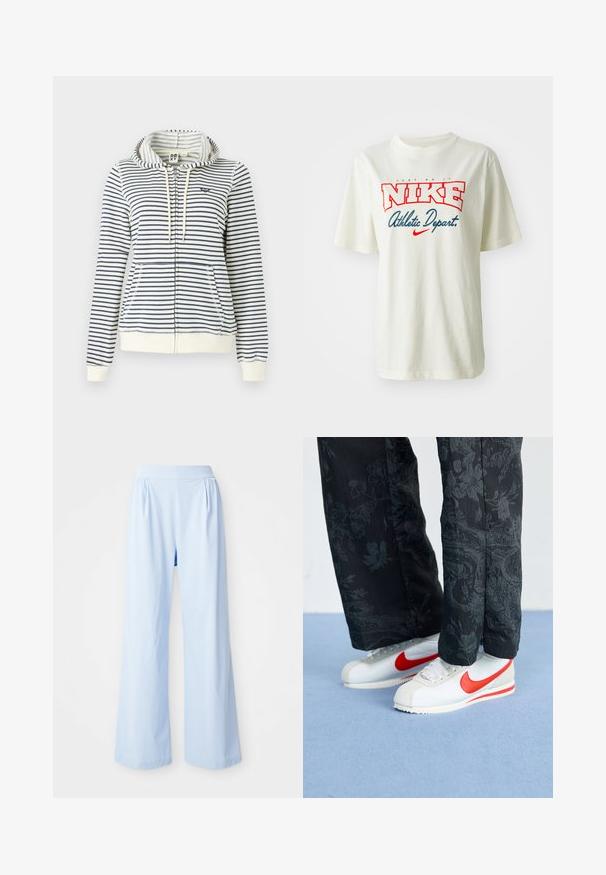 Prugasta kapuca s sweatshirtom v krem in mornarski barvi, z zadrgo, sprednjimi žepi in majhnim srcem logotipom na prsih. Iz materiala bombaž.; Bela bombažna majica s kratkimi rokavi, ki prikazuje rdeč in moder logotip "NIKE" z napisom "Just Do It" nad njim in "Athletic Depart." pod njim, okroglo ovratnik.; Svetlo modre hlače širokega kroja z gladko teksturo, elastičnim pasom in nabranimi detajli spredaj. Narejene so iz mehkega materiala.; Bele Nike teniske z rdečimi akcenti, v kombinaciji z črnimi hlačami s cvetličnim vzorcem. Tekstura je gladka z ravnim pletenim podplatom.