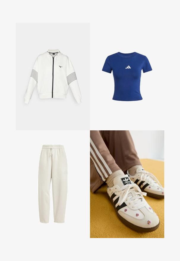 Mizuno ATHLETICS JACKET - Sudadera con cremallera - pristine; Camiseta de algodón azul con mangas cortas, que presenta un logo blanco de Adidas en el pecho y paneles laterales en blanco que contrastan.; Pantalones de chándal color beige claro, fabricados con una tela suave, que presentan una cintura elástica con cordón y un acento sutil del logo en el costado.; Zapatillas de piel blanca con tres rayas negras y bordado floral en púrpura y amarillo. Suela de goma marrón. Combinadas con calcetines beige con canalé.