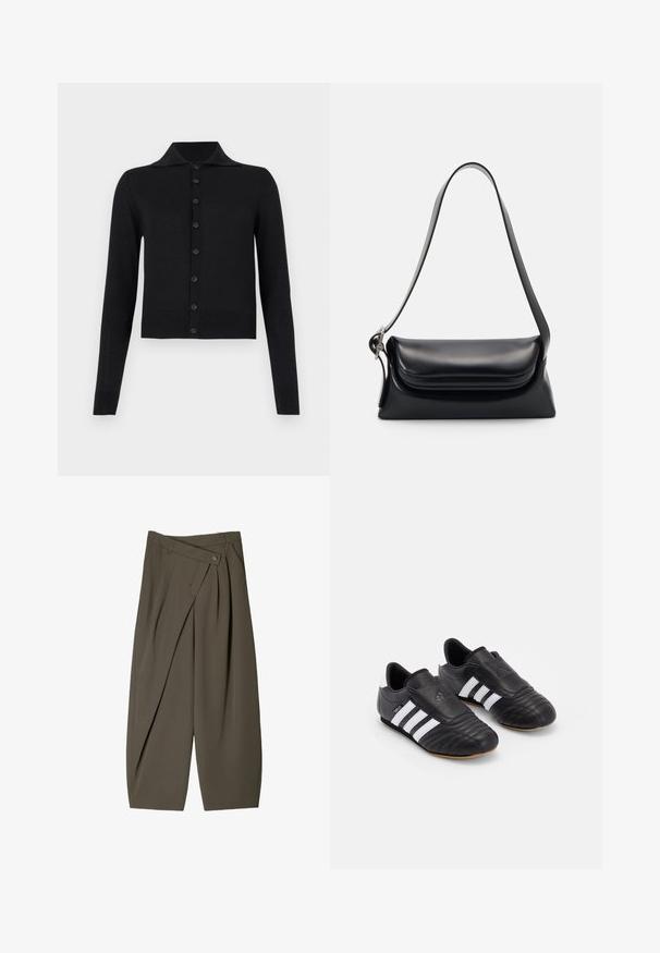 Cardigan lungo nero a maniche lunghe con colletto, caratterizzato da una chiusura frontale con bottoni e orlo a costine. Realizzato in morbido materiale a maglia.; T-shirt bianca a maniche corte e scollo rotondo con vestibilità slim, esposta piatta su uno sfondo bianco.; Pantaloni larghi in tessuto verde oliva scuro, con un design frontale plissettato, chiusura con bottone e una superficie lucida e strutturata.; Scarpe da calcio nere con tomaia in pelle testurizzata, dotate di una parte anteriore imbottita, tre strisce bianche sui lati e una suola in gomma naturale.; Borsa a tracolla nera in pelle con una forma strutturata, una texture liscia e una singola tracolla. Presenta un design a patta arrotondata e discreta.