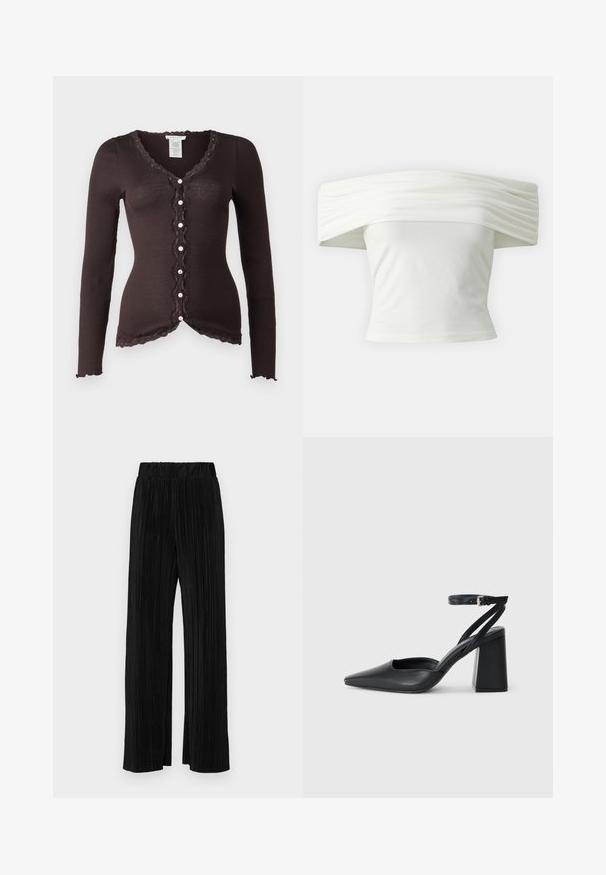 Rosemunde BABETTE CARDIGAN - Jopica - dark espresso; Bela majica s spuštenimi rameni, z nabranim in strukturiranim izrezom ter tesnim pasom. Narejena iz mehkega blaga z gladko teksturo.; Črne plisirane hlače z elastičnim pasom. Imajo široke noge in gladko, teksturirano tkanino z navpičnimi črtami.; Črne usnjene klasične čevlje z ostrim nosom, z zaponko za gleženj in debelim peto. Ravna tekstura, eleganten dizajn in minimalistična estetika.