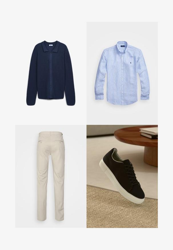 Dunkelblau gestrickte Strickjacke mit Kragen, Vorderknöpfen und langen Ärmeln. Das strukturierte Material bietet Wärme und Komfort.; Blau-weißer gestreifter Langarmshirt aus Baumwolle mit einem Button-Down-Kragen, Frontknöpfen und einem kleinen gestickten Logo auf der Brust.; Beige Hosen mit glatter Textur, geradem Schnitt, zwei Gesäßtaschen mit Knöpfen und einem normalen Bund.; Schwarze Sneakers mit weißer Sohle, die über einem beige strukturierten Teppich schweben, in der Nähe eines runden Holztisches mit gestapelten Büchern.