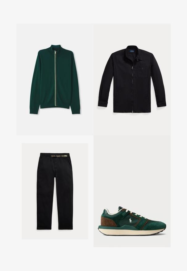 Grön zip-up cardigan med hög krage, prydd med en flerfärgad rand längs dragkedjan, ribbade ärmslut och en slät textur.; Svart jacka i lättviktigt material, med dragkedja framtill, spetsig krage och vänster bröstficka med logotyp. Långa ärmar med manschettdetalj.; Svarta byxor tillverkade av lättviktigt tyg, med en elastisk midja och ett integrerat grönt bälte, rakt ben och sidofickor.; Herrskor i mörkgrön och brun mocka, med nätpaneler, vita snören och en gummisula. Har en logotyp på sidan.