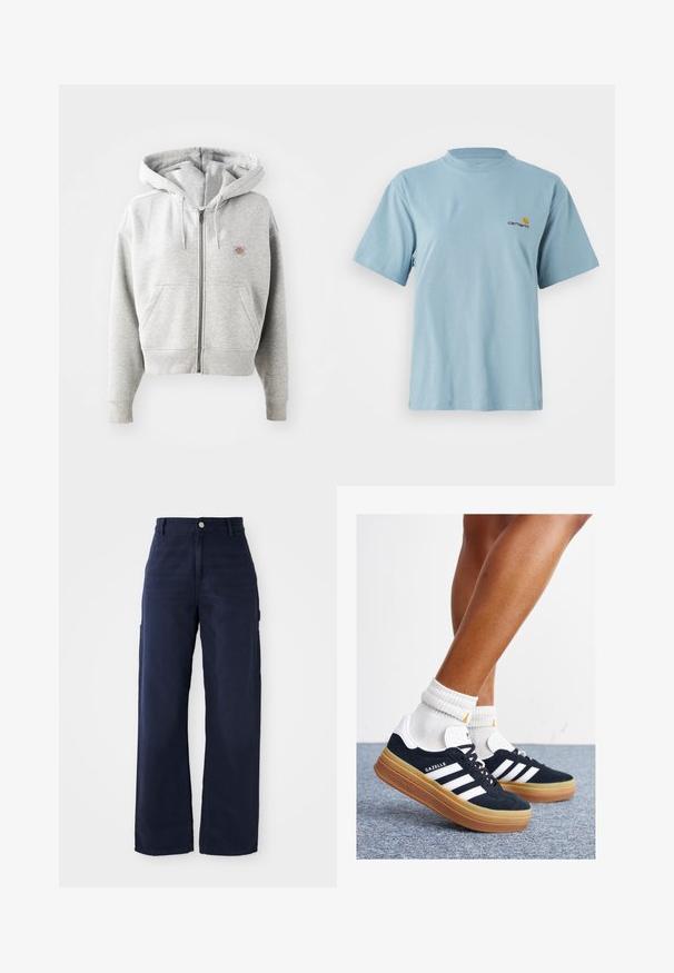 Szürke, cipzáras kapucnis pulóver elülső zsebbel, állítható húzózsinórral a kapucnin, bordás mandzsettákkal és egy kis logóval a mellkason. Pamut keverék anyag.; Világoskék, rövid ujjú pamut póló kerek nyakkal és apró sárga és piros Carhartt logóval a bal mellen.; Tengerészkék, bővebb, cargo stílusú nadrág strapabíró pamutból, oldalsó zsebekkel és gombos derékmegoldással.; Fekete velúr sportcipő fehér csíkokkal és díszítésekkel, lekerekített orral, gumitalpú külső résszel, fehér bordázott bokazoknival párosítva.