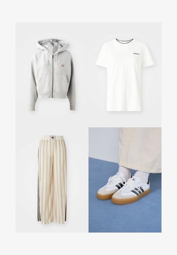 Grå hettegenser med glidelås, frontlomme, justerbar snorhette, ribbestrikkede mansjetter og en liten logo på brystet. Laget av en bomullsblanding.; Hvit bomull t-skjorte med korte ermer og rund hals. Har en svart Adidas-logo på brystet og en kontrasterende svart indre krage.; Kremfargede bukser med brede ben og zigzag-mønster, med en svart logo-linning og svarte striper på siden. Lett, teksturert stoff.; Hvite sneakers med svarte striper og beige semsket skinn-detaljer. Har en teksturert gummisåle og flate hvite snører, brukt med lyse sokker.