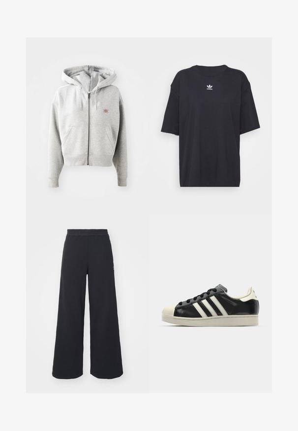 Pelēka kapuci ar rāvējslēdzēju, priekšējo kabatu, regulējamu kapuci ar auklu, ribotām piedurknēm un mazu logotipu uz krūšu. Kokvilnas maisījuma materiāls.; Melna kokvilnas t-kreklā ar īsām piedurknēm un apaļu kakla izgriezumu, uz krūtīm ir balta Adidas logo. Vienkāršs dizains, brīvs piegriezums.; Melni platās svārku bikses, izgatavotas no mīksta auduma, ar elastīgu jostas daļu un mazu logotipu kreisajā pusē.; Melna ādas sporta apava ar baltām svītrām, gumijas purngala aizsardzību, melnām auklām un krēma krāsas zoli. Gluda tekstūra ar spīdīgu apdari.