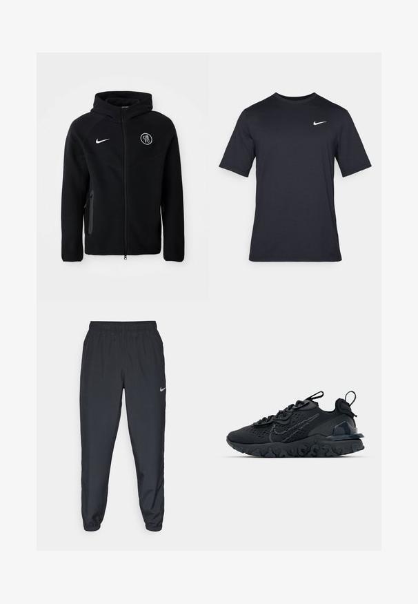 Fekete cipzáras kapucnis pulcsi puha szövetből, fehér Nike logóval a mellrészen és egy klub emblémával. Oldalsó zsebekkel és kapucnival rendelkezik.; Fekete, rövid ujjú Nike póló sima anyagból, fehér swoosh logóval a bal felső oldalon, kerek nyakkivágással.; Fekete sportnadrág könnyű anyagból, rugalmas derékkel és bokacsatokkal, a bal oldalon egy diszkrét Nike logóval.; Fekete sportcipő légáteresztő hálós felsőrésszel, texturált részletekkel és hullámos gumitalppal. Ráfókuszál a fényvisszaverő logóra és a fűzőrendszerre.