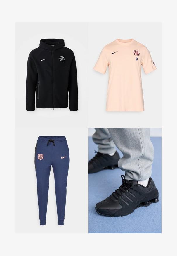 Schwarze Zip-Hoodie aus weichem Stoff, mit einem weißen Nike-Logo auf der Brust und einem Vereinsemblem. Verfügt über seitliche Taschen und eine Kapuze.; Kurze Herren T-Shirt aus leichtem Pfirsichstoff. Mit navy Nike-Logo und FC Barcelona-Wappen auf der Brust sowie Rundhalsausschnitt.; Navyfarbene Sweatpants mit elastischen Bündchen, ausgestattet mit einem pinken Logo und dem Barcelona-Wappen, seitlichen Taschen und schwarzen Seitenelementen.; Person in schwarzen Nike Shox Sneakers und grauen Jogginghosen, der auf einem hellblauen Teppich steht.