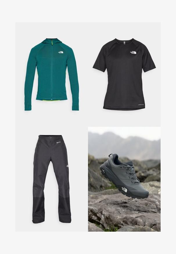 Mėlynos spalvos ilgo rankovėmis striukė su kapišonu, turinti ketvirčio ilgio užtrauktuką, tekstūruotą medžiagą ir kontrastingą geltoną užtrauktuko traukiklį.; Juoda trumpa rankovė atletinė marškinė, pagaminta iš tekstūruotos medžiagos, su baltu logotipu kairėje krūtinės pusėje ir tiesiu apdailos kraštu.; Juodos vandeniui atsparios kelnės su lygiu paviršiumi, su GORE-TEX logotipu priekyje ir sustiprintomis apačiomis dėl ilgaamžiškumo.; Pilkas bėgimo batelis su tekstūruota viršutine dalimi, tvirtu guminio pado ir sustiprinta nosimi. Turi raištelius ir prekės ženklo logotipą šone.