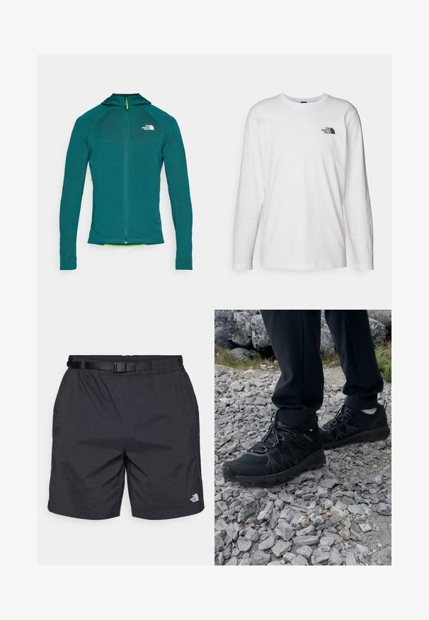 Hooded long-sleeve jacket in teal, featuring a quarter-length zipper, textured fabric, and a contrasting yellow zipper pull.; White long-sleeve T-shirt made of cotton with a crew neck. Features a small black logo on the chest. Smooth texture, regular fit.; Black lightweight shorts with a relaxed fit, featuring an adjustable belt, side pockets, and the North Face logo on the lower right leg.; Black outdoor shoes with mesh and synthetic material, featuring a textured upper, secured lacing system, and a rugged outsole, on rocky terrain.